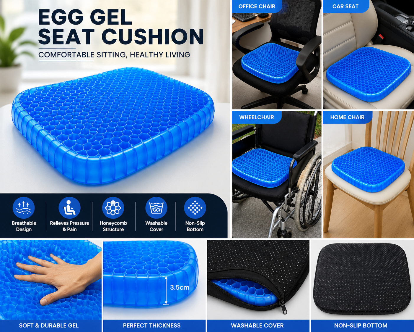 Egg Gel Seat Cushion - Relieve Back & Tailbone Pain While Sitting